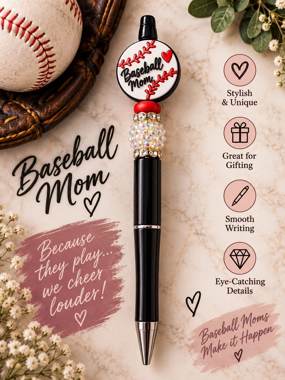 Handmade Baseball Mom Beaded Black Ballpoint Pen!!